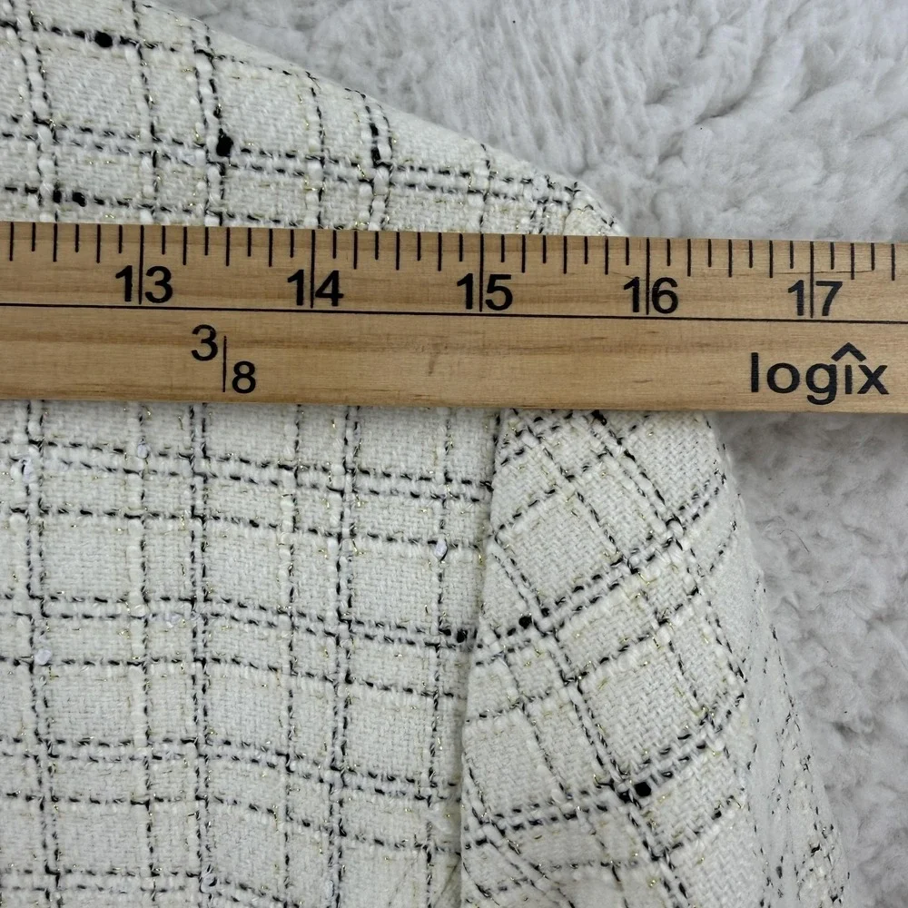 Ann Taylor Jacket Womens 0 White Tweed Moto Asymmetrical Zip Fringe‎ Lined Check